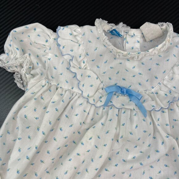 VTG Nannette Infant Girl Ruffle Romper One Piece Size L Made in USA Blue White - Picture 3 of 14
